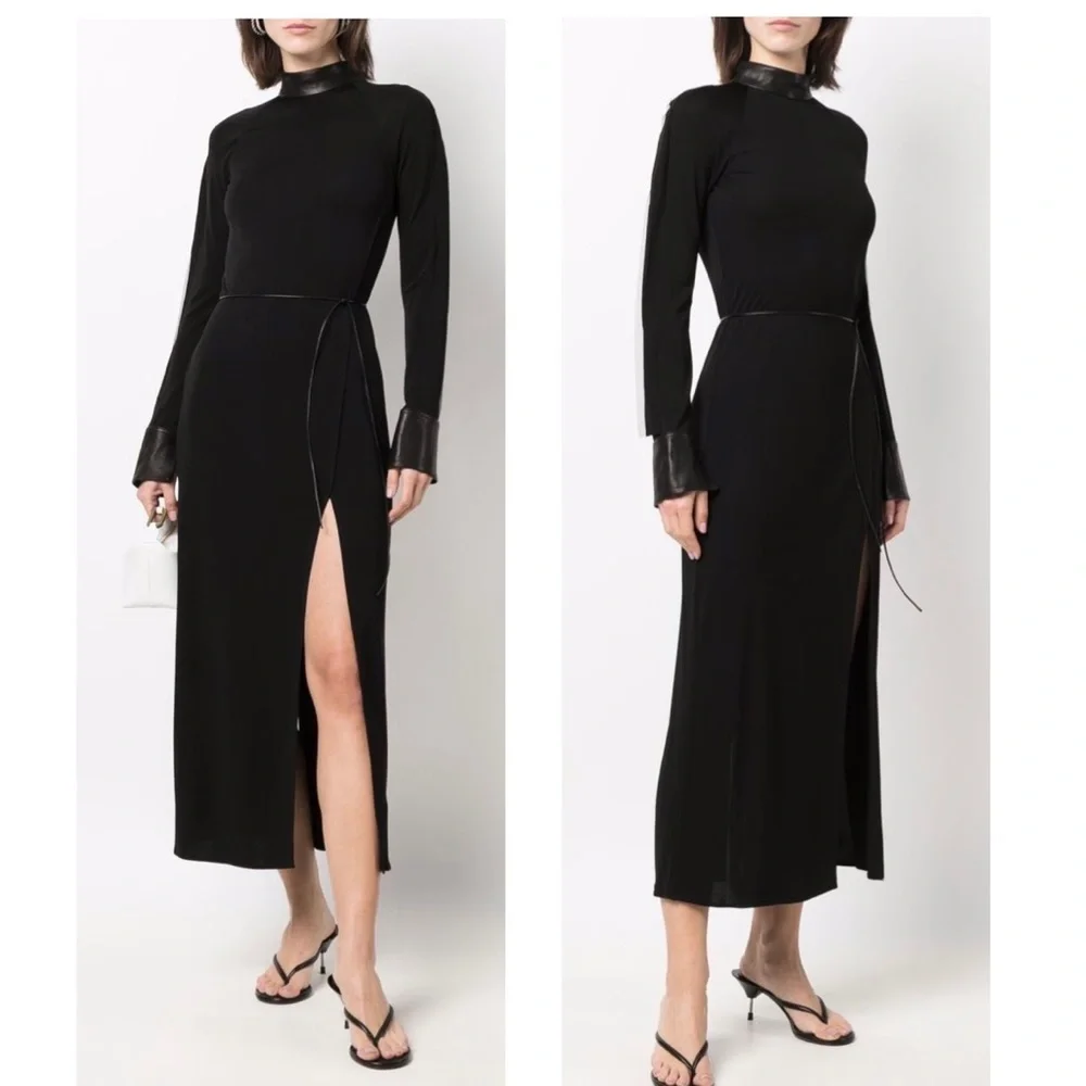 HELMUT LANG Faux Leather Trimmed Stretch Crepe Turtleneck Maxi Dress Size Small